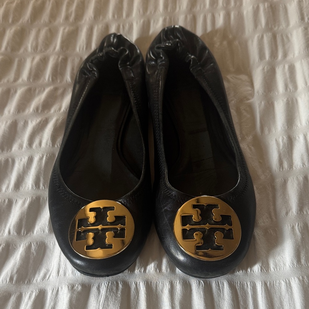 Tory Burch Black Leather Ballet Flats with Gold Logo Medallions
